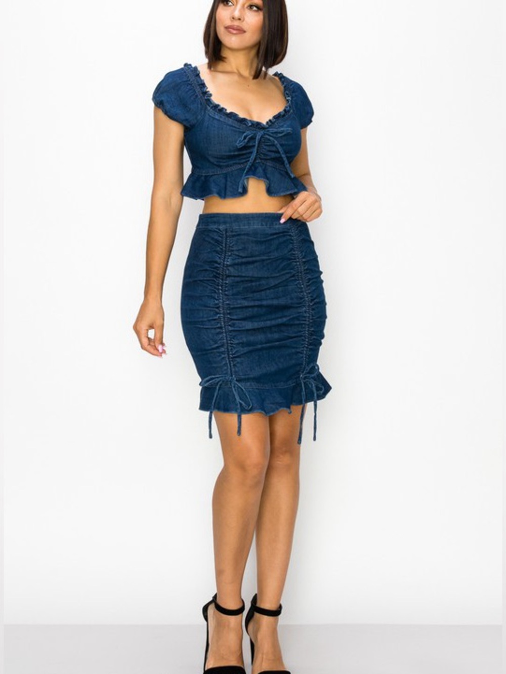 Dark Blue Denim Drawstring Off The Shoulder Ruched Top and Pencil Skirt Set